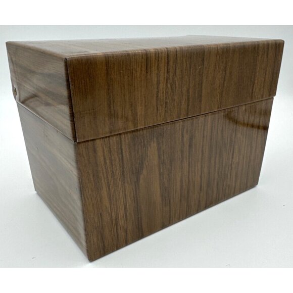 Vintage Metal Tin Box Index Card Storage 3x5 Woodgrain Recipe Filing Hinged - Picture 2 of 7